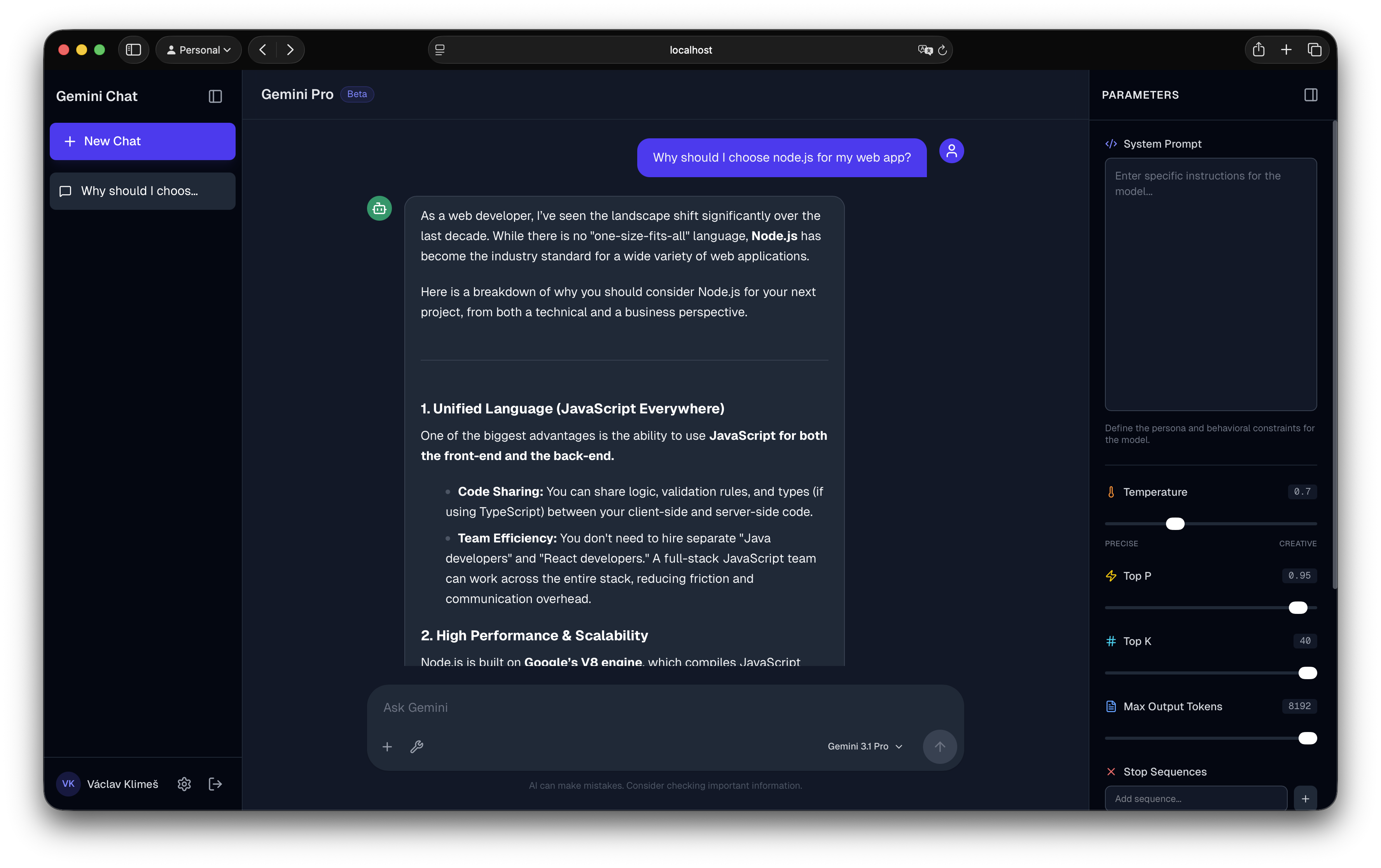 Screenshot of Gemini Chat application